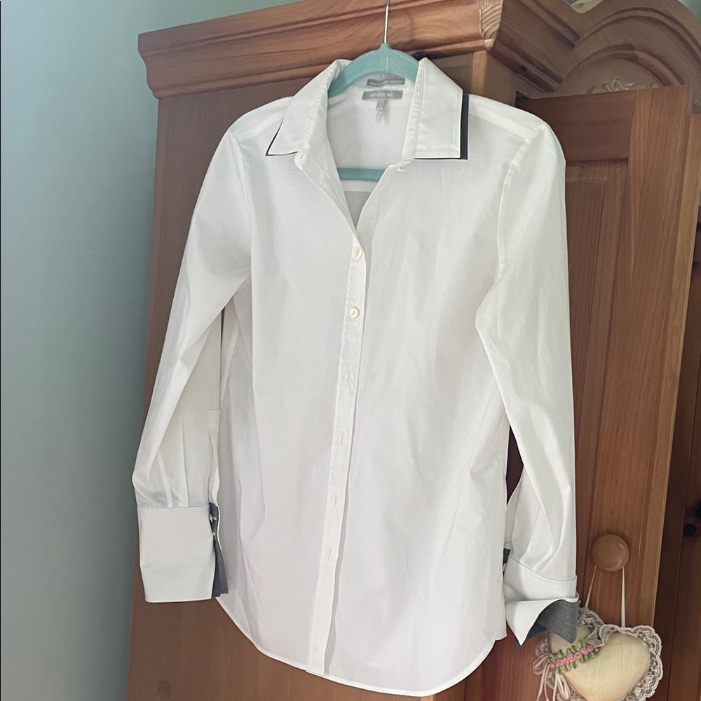 Classic White Button-Up Blouse with Contrast Trim